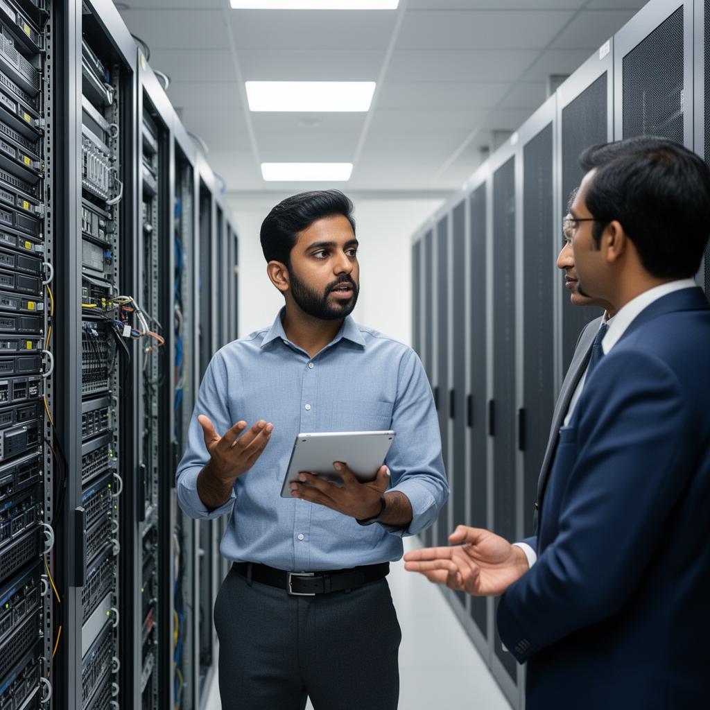 Sales engineer consulting a client in a server room
