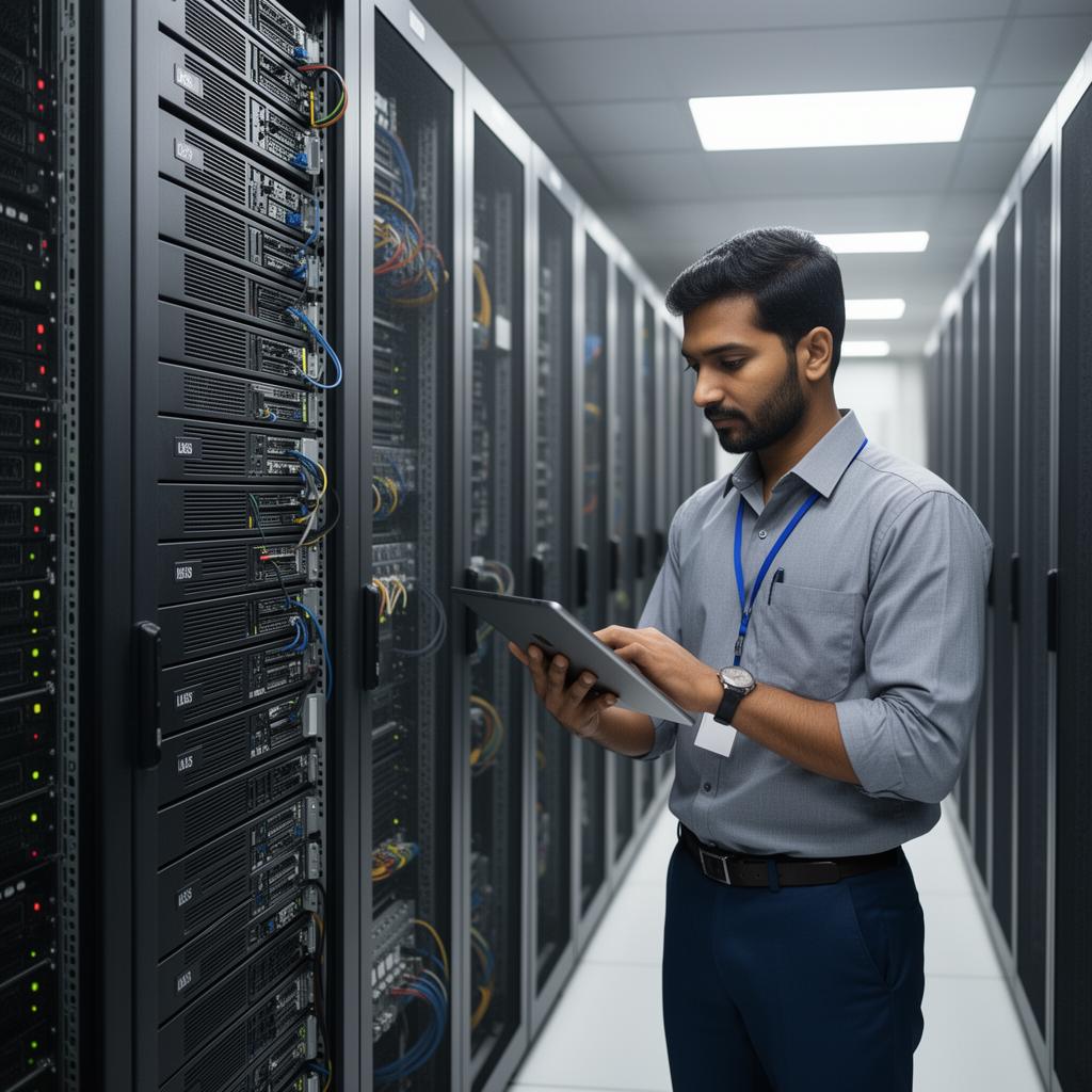 Data center engineer inspecting server infrastructure with a tablet